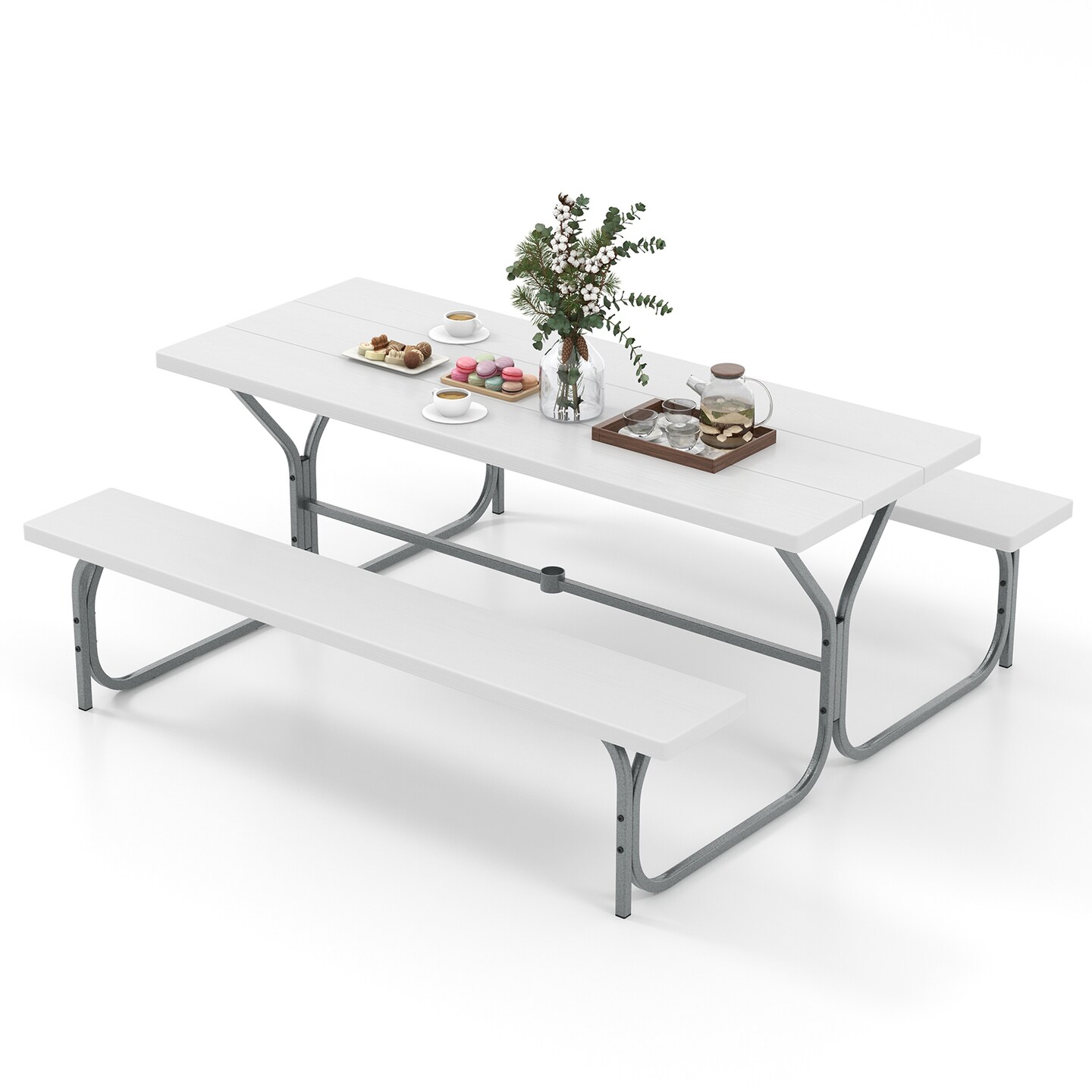 6 FT Picnic Table Bench Set Dining Table and 2 Benches with Metal Frame and HDPE Tabletop