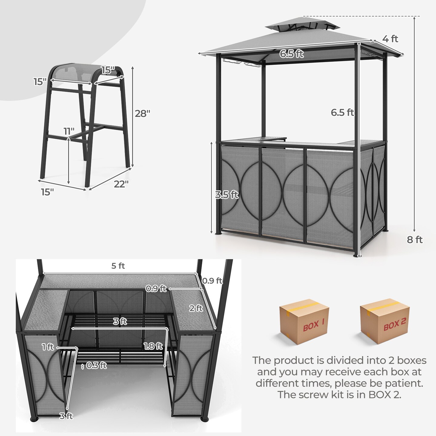 3-Piece Patio Bar Set Grill Gazebo & 2 Bar Stools with Tempered Glass Bar Table