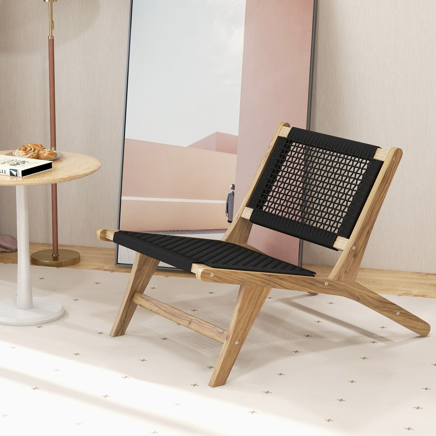 Indoor Outdoor Teak Wooden Chair with Handwoven Cordage Seat and Backrest - 36.5&#x22; x 23.5&#x22; x 25.5&#x22; (L x W x H)