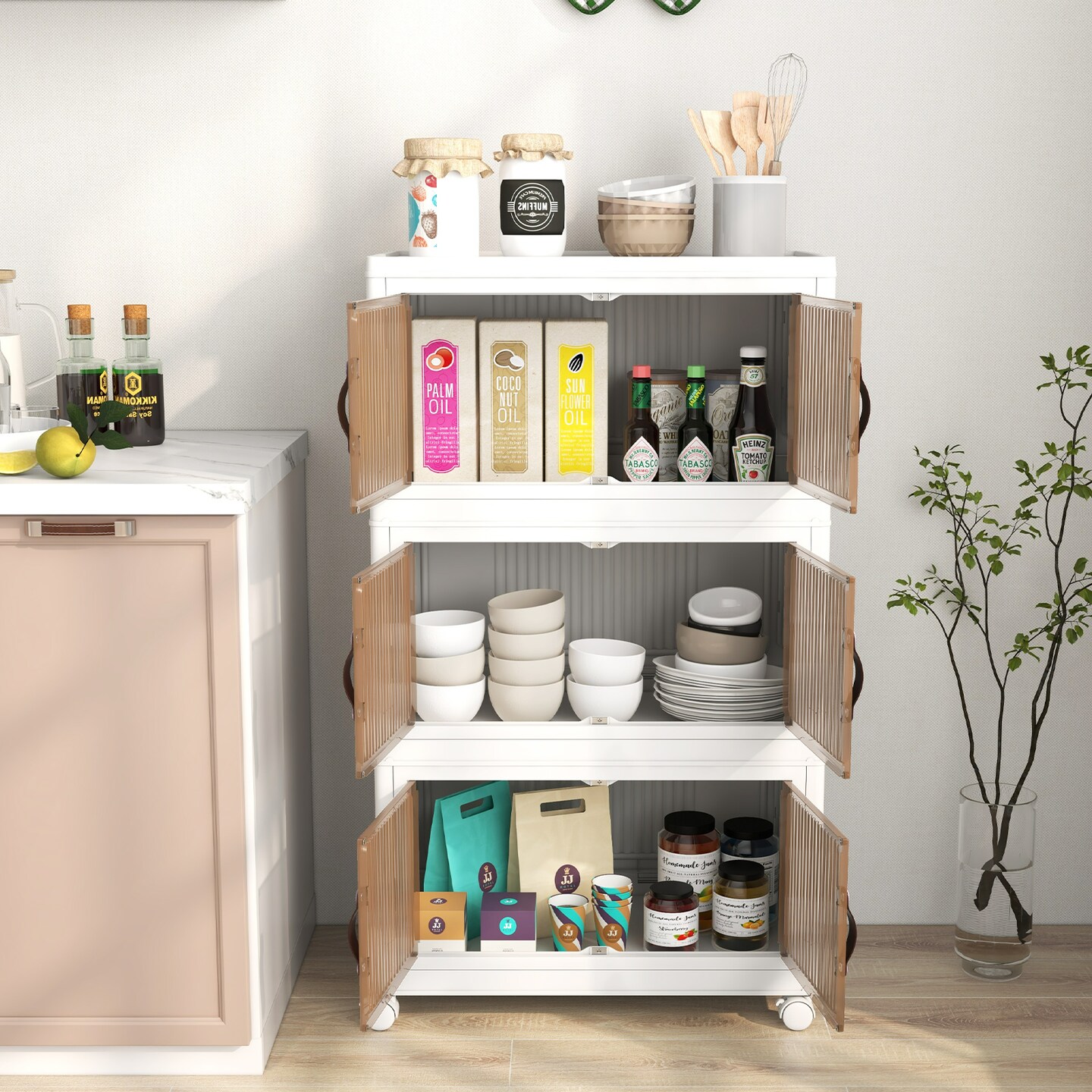 3-Tier Stackable Storage Boxes Bins with Magnetic Doors and Lockable Casters