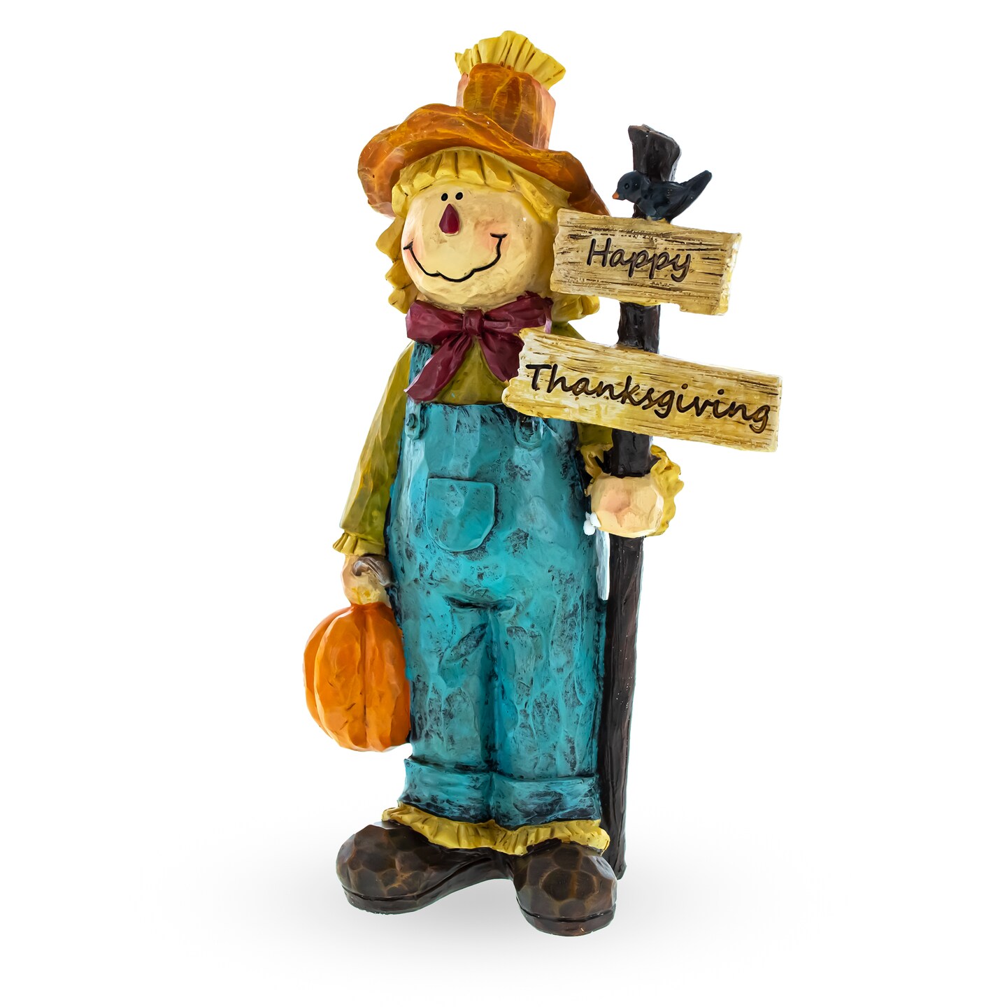 Friendly Scarecrow Holding Happy Thanksgiving Sign Figurine