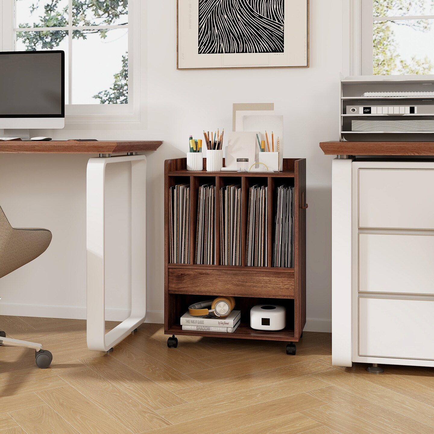 Record Rolling Turntable Player Stand with Drawer-Brown - 20.5" x 11.5" x 29"