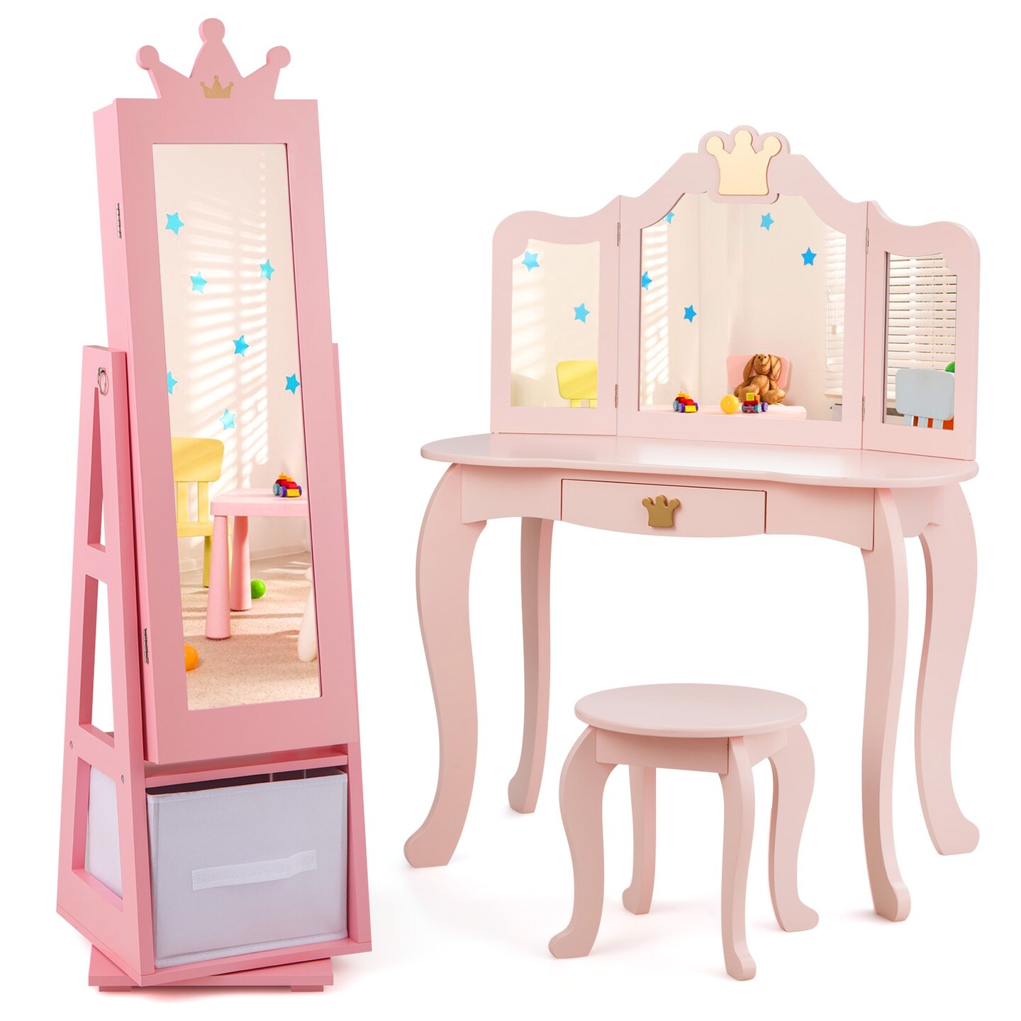 Kids Jewelry Armoire Cabinet with Large Storage Capacity and Swivel Base