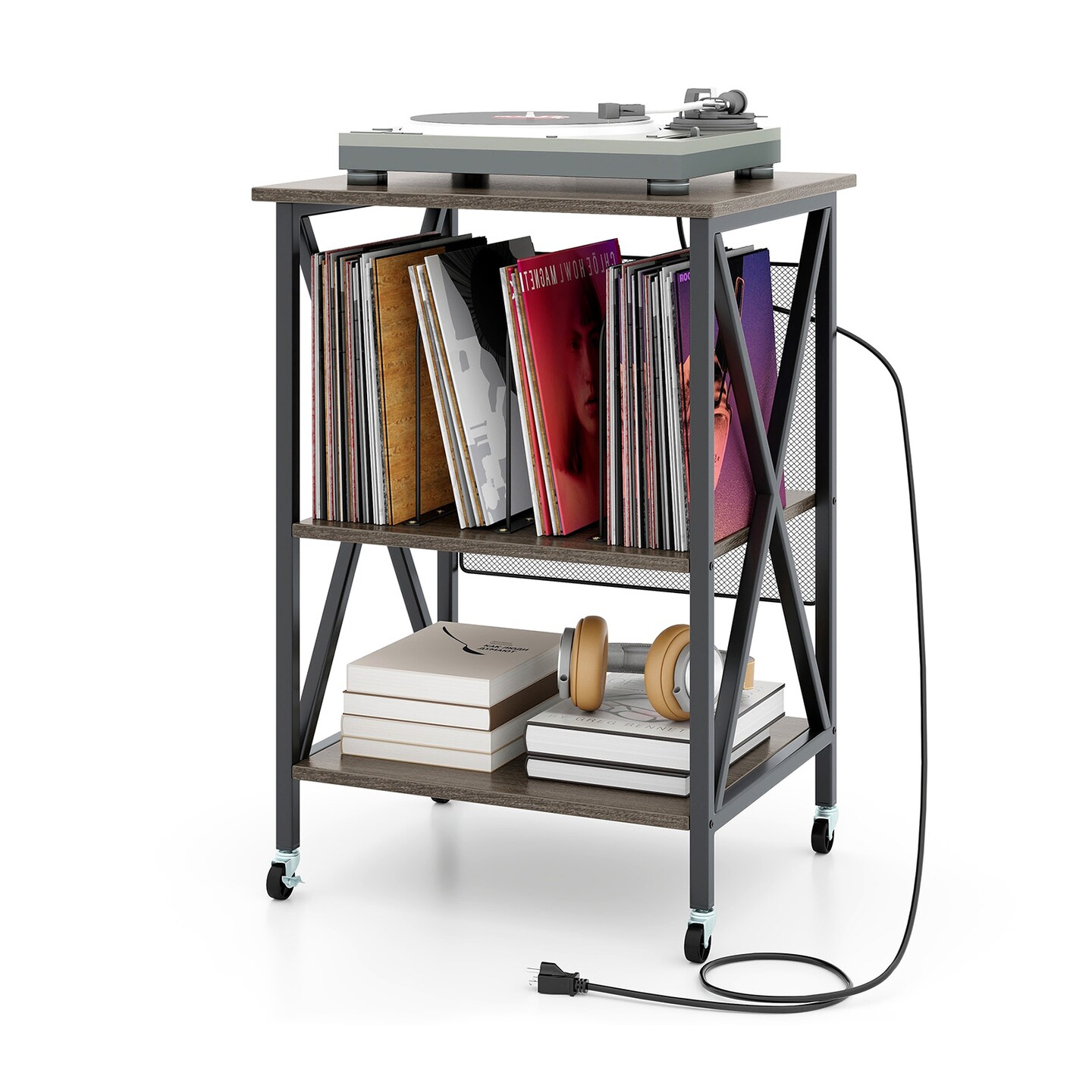 Mid-Century Record Player Stand with Built-in Charging Station - 20.5" x 18" x 30" (L x W x H)