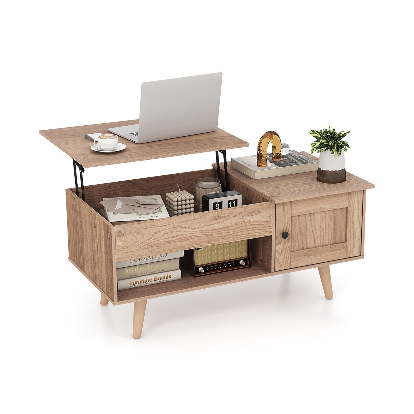 Modern Lift-Top Coffee Table with Hidden Compartment Open Shelf and Side Cabinet Wood Finish
