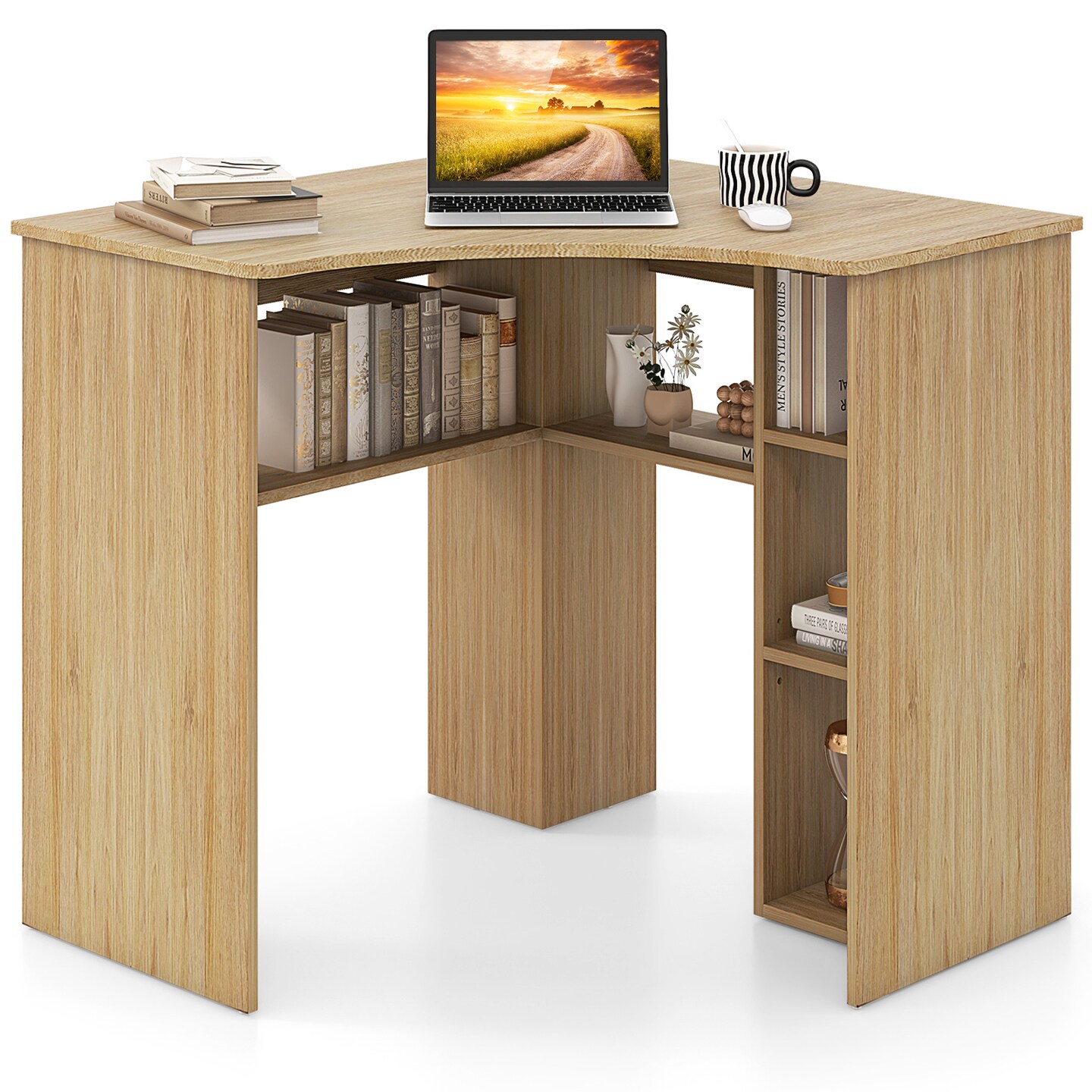 Corner Computer Desk Triangle Home Office Desk with Adjustable Shelf and Arc-Shaped Profile