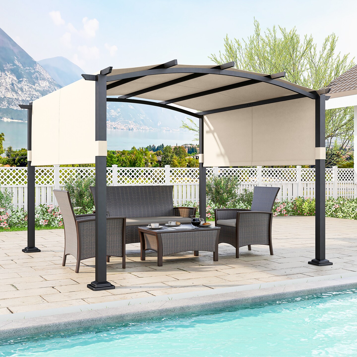 10 x 10 ft Outdoor Pergola Modern Arched Patio Garden Shelter with Retractable Sunshade Canopy