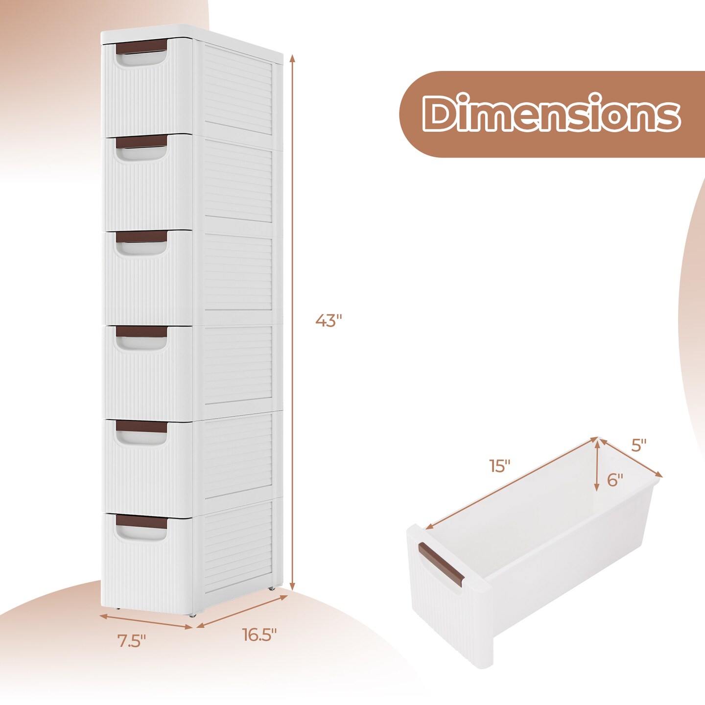 Rolling Organizer Unit Narrow Storage Cabinet with Built-In Wheels for Small Space-6-Drawer