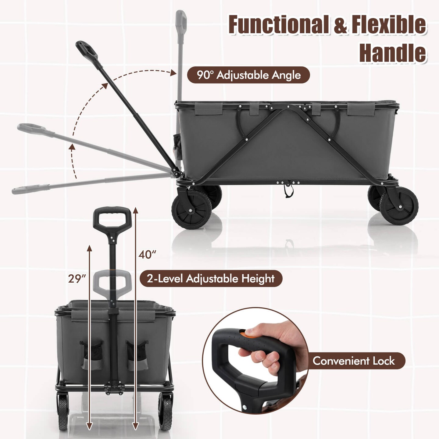 Costway Heavy-Duty Wagon Cart with Adjustable Handlebar Bottle Holders &#x26; Storage Pocket Coffee/Grey