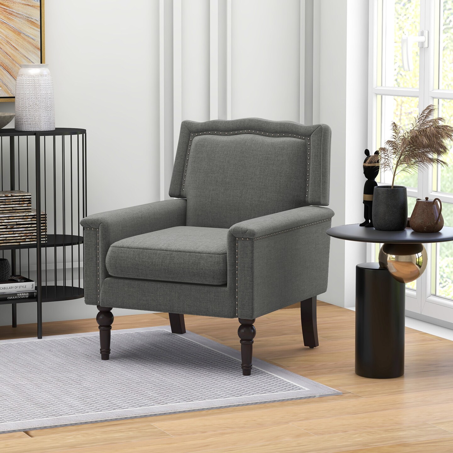 Mid-century Modern Armchair Linen Fabric Upholstered Accent Chair with Cushion
