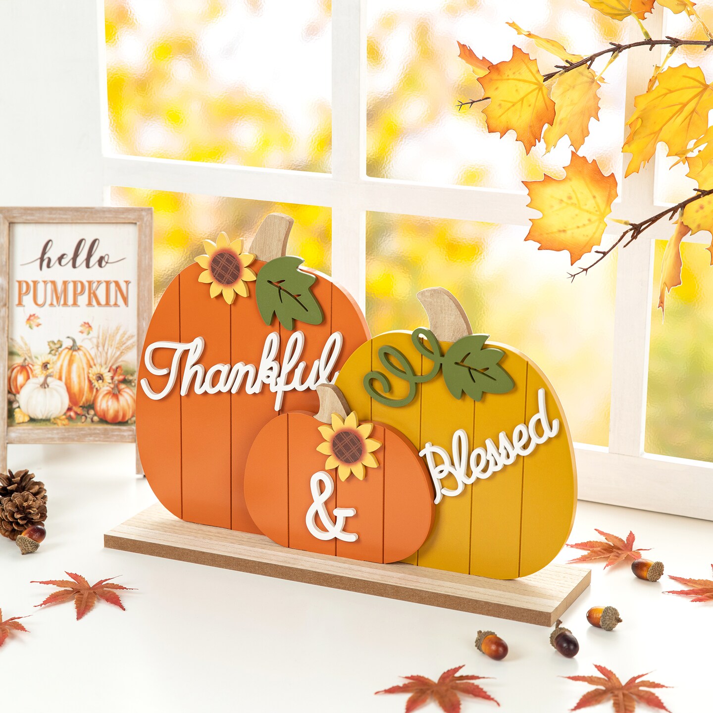 16&#x22;L Thanksgiving Wooden Pumpkins Table Decor