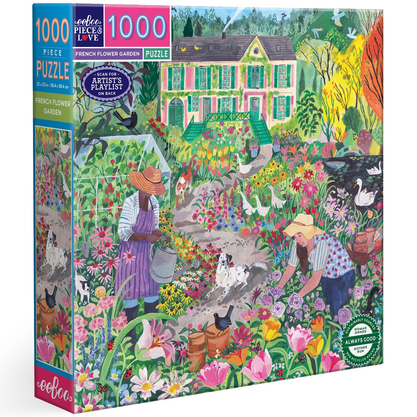 eeBoo Piece & Love: French Flower Garden - 1000 Piece Puzzle – 23" Square Adult Jigsaw, Monet-Inspired Floral Scene, Glossy & Dustless, Eco-Friendly