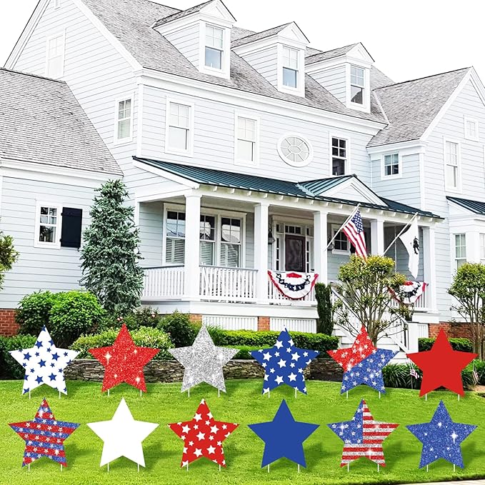 12pcs Patriotic Star Yard Signs - 10.6" Red, White & Blue Independence Day Lawn Decorations - 4th of July Pentagram Outdoor Ornaments with Stakes for Memorial Day & Party Decor