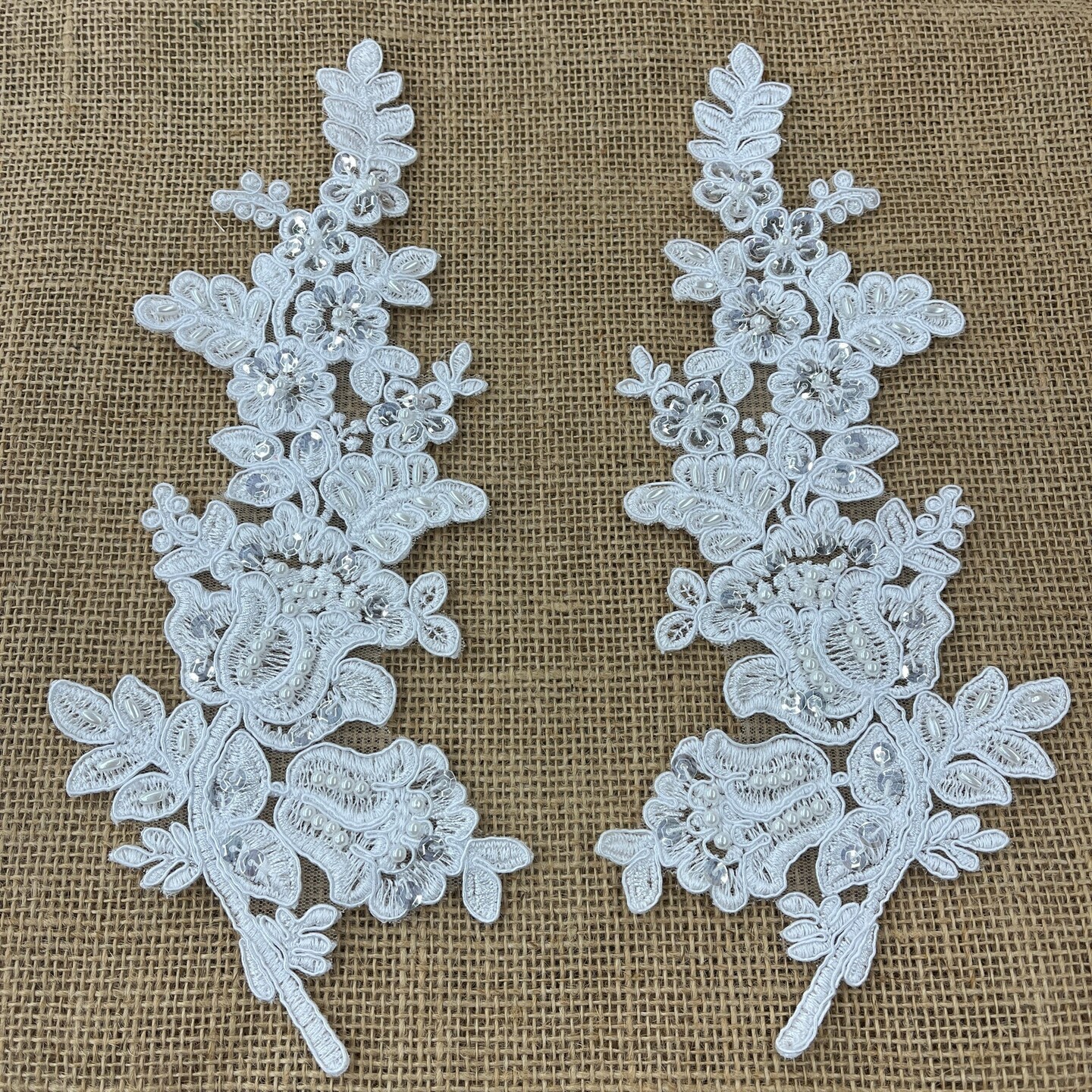 1 Pair Beaded & Corded Floral Lace Applique 100% Polyester Net Mesh 12" X 3.5" Each Side