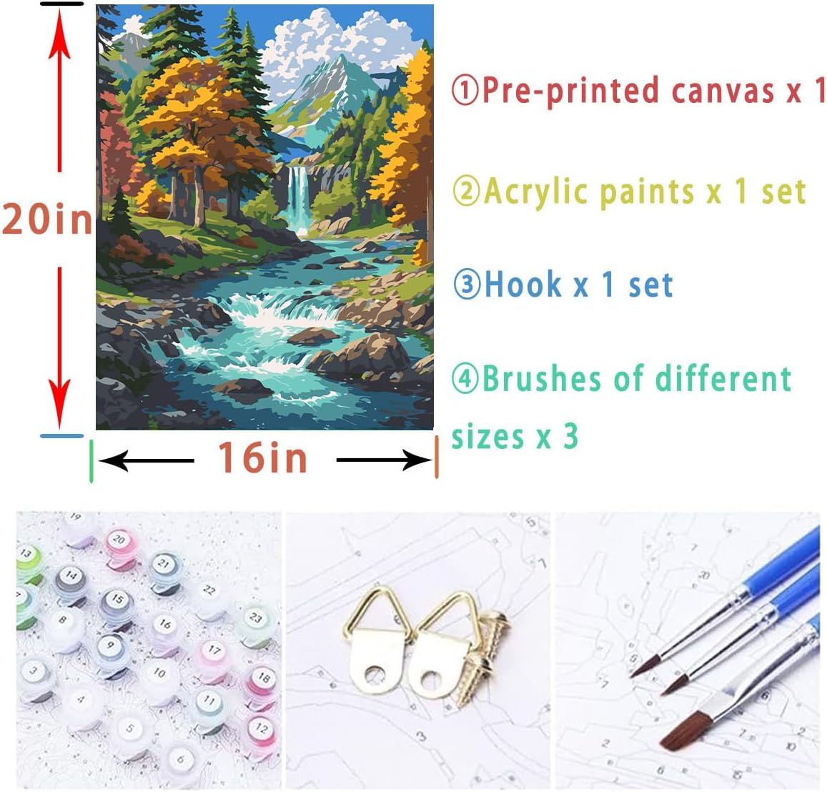 Mountain Stream Paint by Numbers Kit for Adults Mountains Canvas Painting Kit Beginner Landscape Oil Paint by Number Kits National Parks Kit for Adults Beginners 16x 20 in
