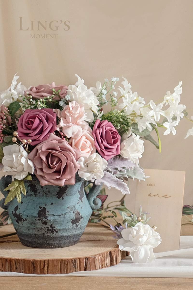 25Pcs Artificial Flowers Roses in Burgundy Mauve Shades Bouquets