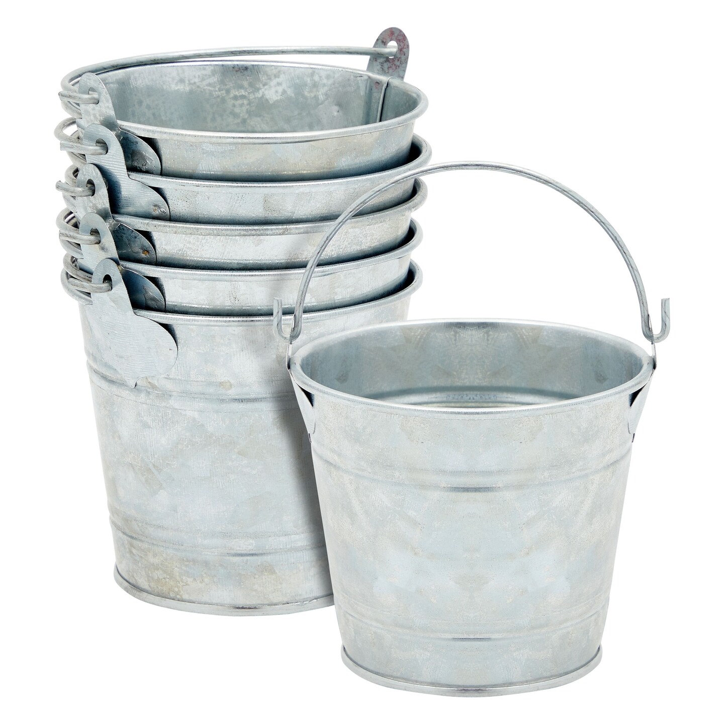 Juvale Galvanized Tin Pails - Centerpiece Tin Buckets - Party Metal Buckets with Handles - Galvanized Decor & Cans - Pack of 6, 3" H x 3.5" W, Silver