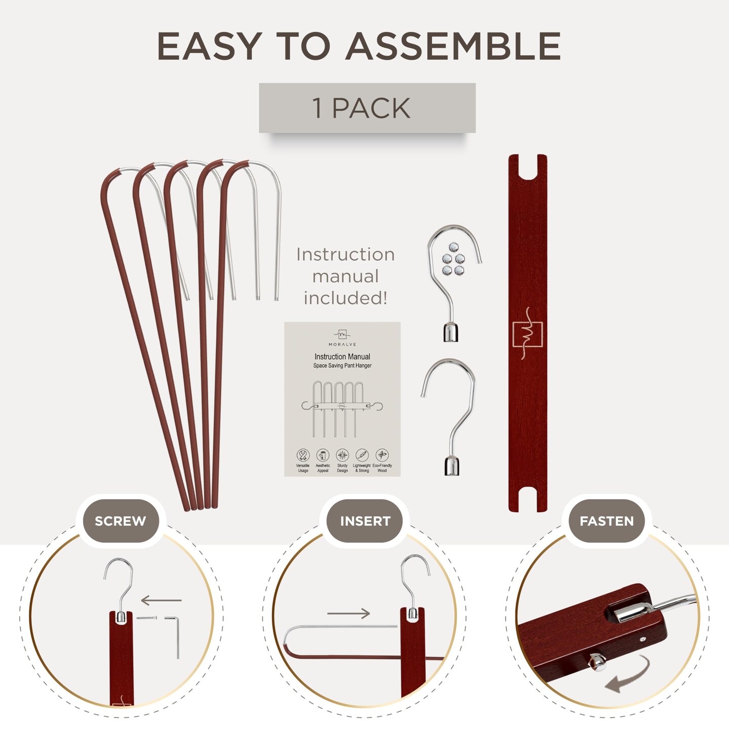 Pants Hangers Space Saving - European Beechwood Scarf and Jean Hangers - Closet Organizer and Space Saver Pant Rack, Leggings Hanger, and Scarf Holder with 360&#xB0; Swivel Hook (1 Pack)
