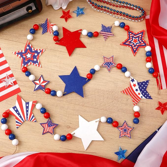 Patriotic Red White Blue Garland, 4th of July Wooden Beads Garland with Star Charms Rustic Farmhouse American Colors for Independence Day Memorial Veterans Fireplace Wall Decorations