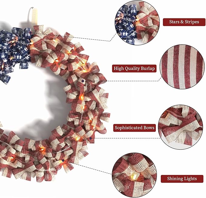 Patriotic Burlap Wreath: American Flag Wreath for Front Door, Red White and Blue Decor with Stars Stripes and Timer-Equipped Light Strip for 4th of July Memorial Day Veterans Day