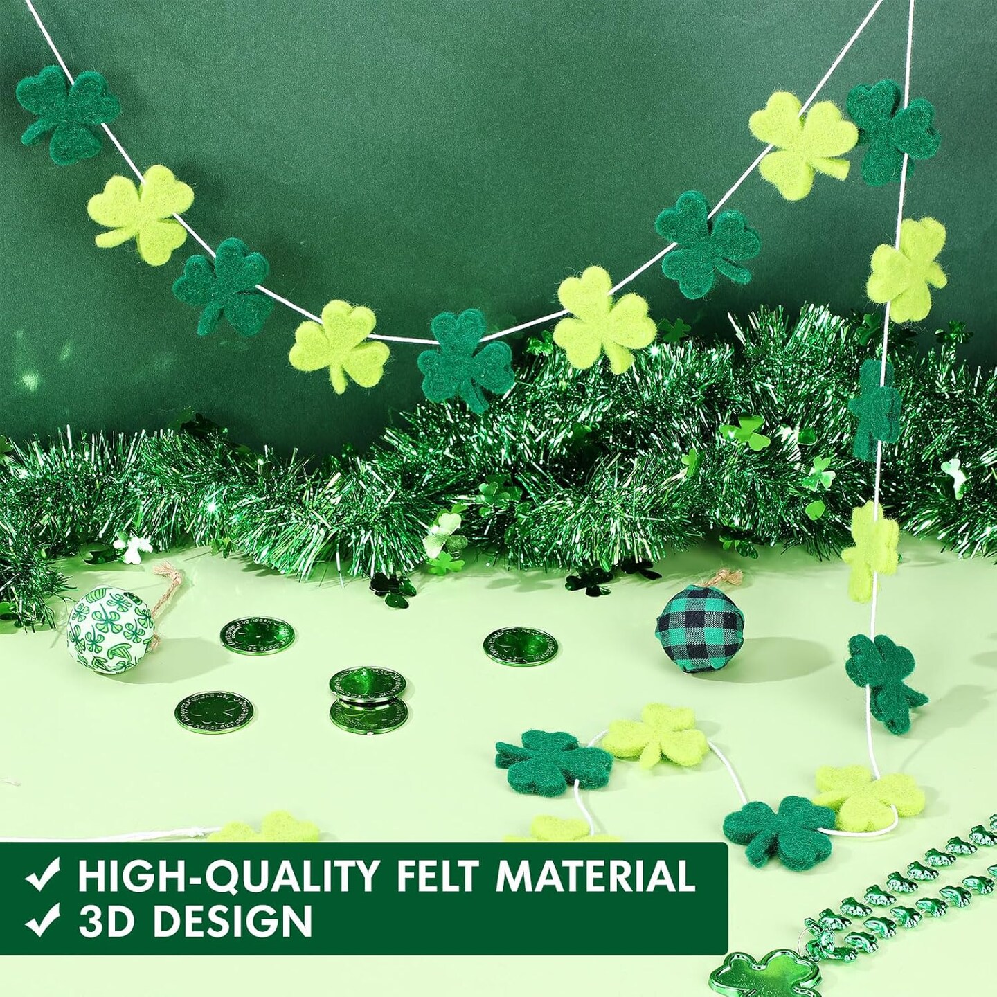 St. Patrick's Day Felt Ball Banner 8.2 ft Lucky Shamrock Garland(Green)