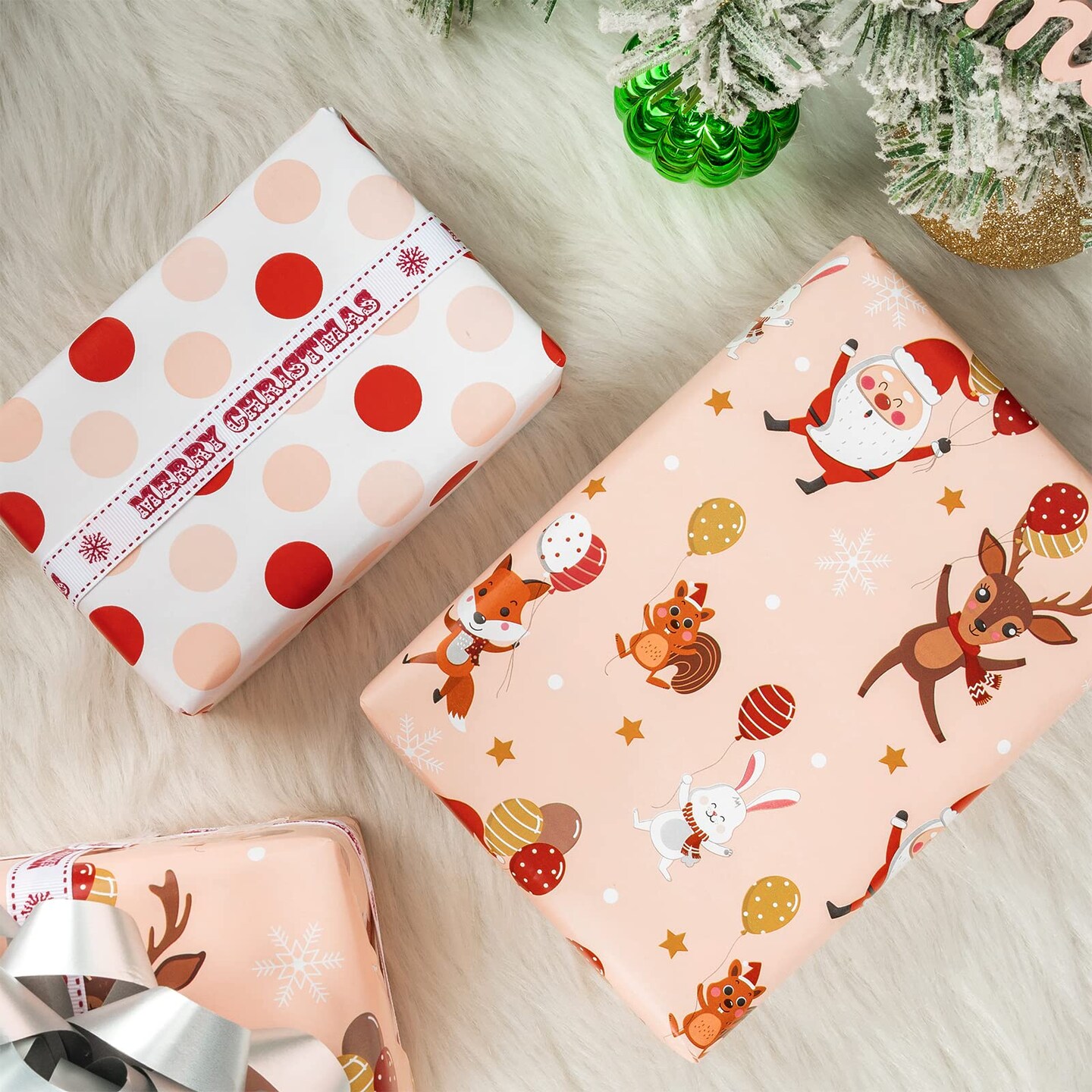 Reversible Christmas Wrapping Paper - Mini Roll - 17 Inch x 33 Feet - Red and Pink Dancing Santa Claus Reindeer and Colorful Polka Dots Design for Christmas, Holiday, Party