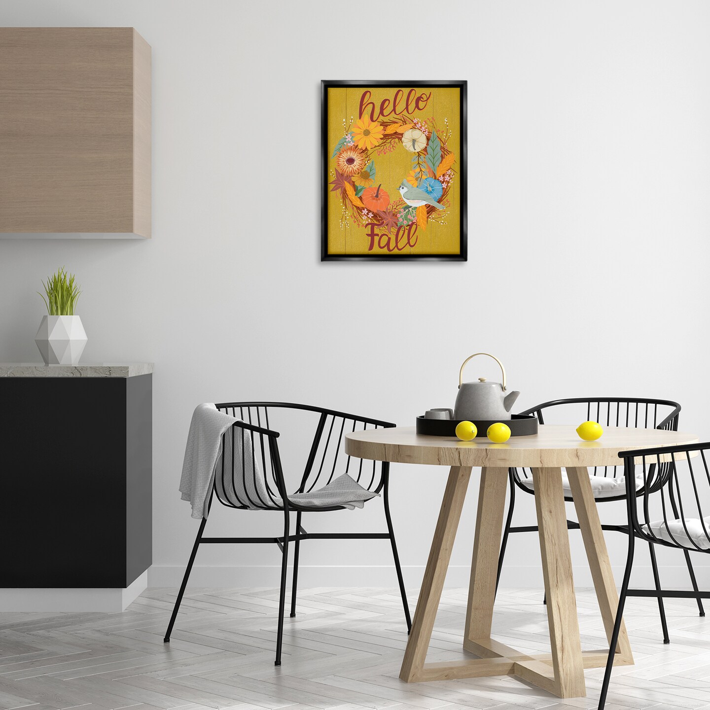 Stupell Industries Hello Fall Bird Wreath Floater Framed Canvas Wall Art Design by Jo Reid