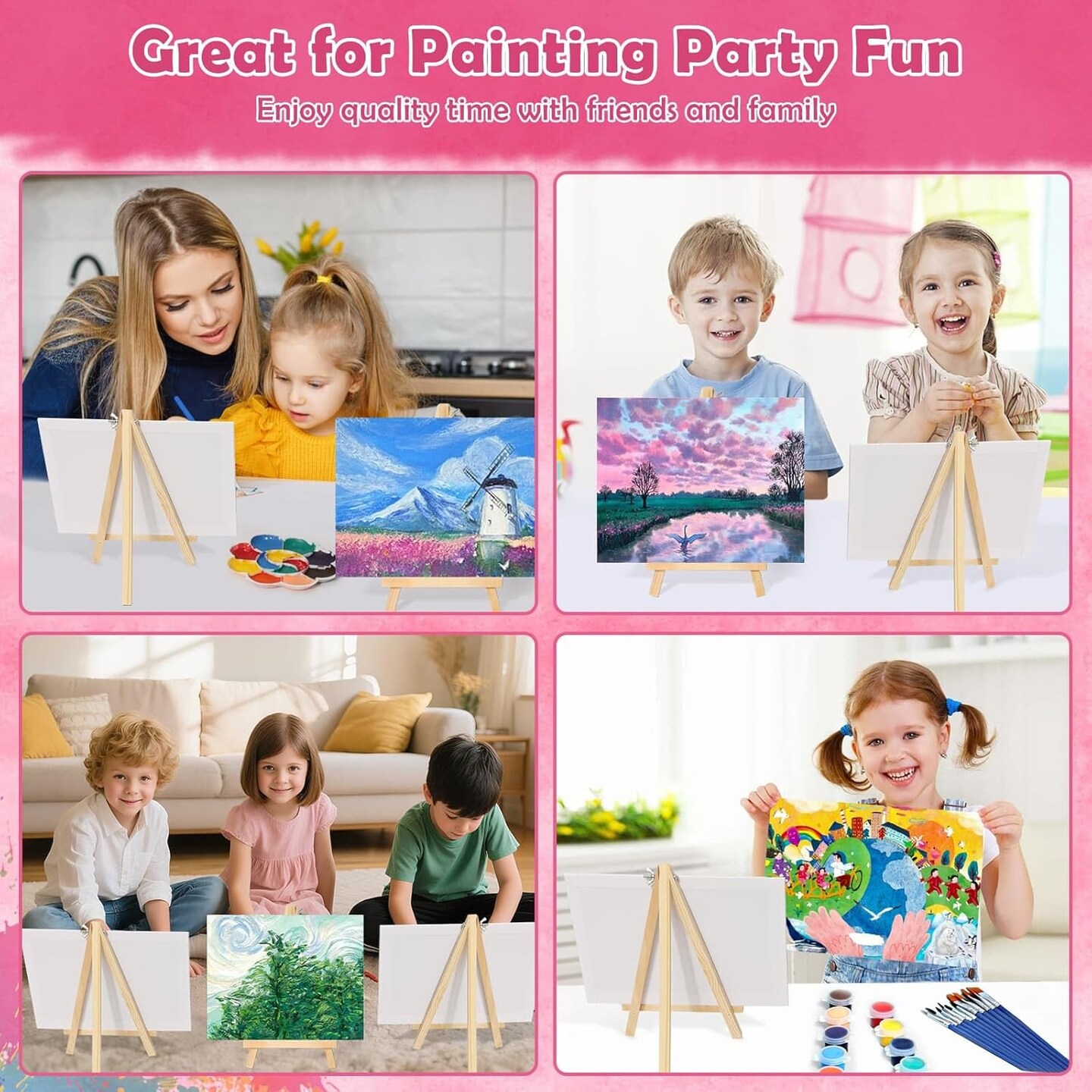 8x10 Inch Canvas & Easel Set – 12-Piece Bulk Art Kit with Mini Acrylic Paints, Brushes, Easel Stand, and Paint Trays – Sip & Paint Kit for Adults, Kids, Couples, Date Night, and Art Party Activities