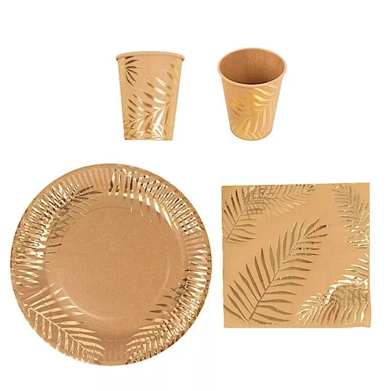 72 Natural Disposable Paper Tableware Set Gold Palm Leaves Print Party Events