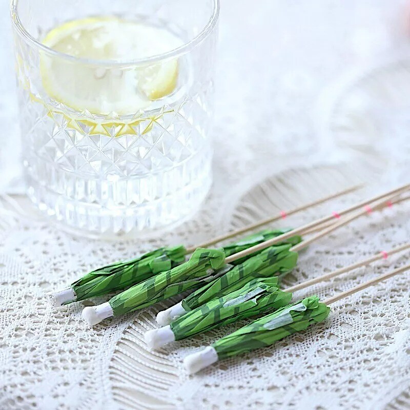 50 Green 6" Natural Bamboo Skewers Picks Leaf Parasol Design Party Decorations