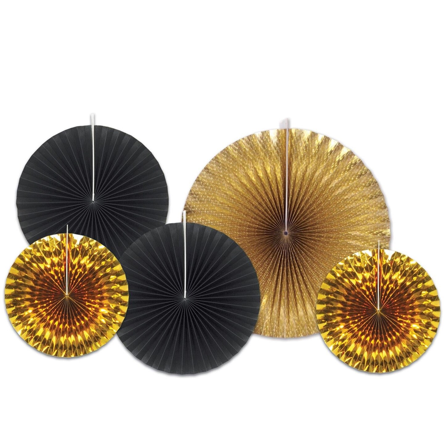 60 Piece Beistle New Year&#x27;s Eve Paper/Foil Decorative Fans - Asst black/gold