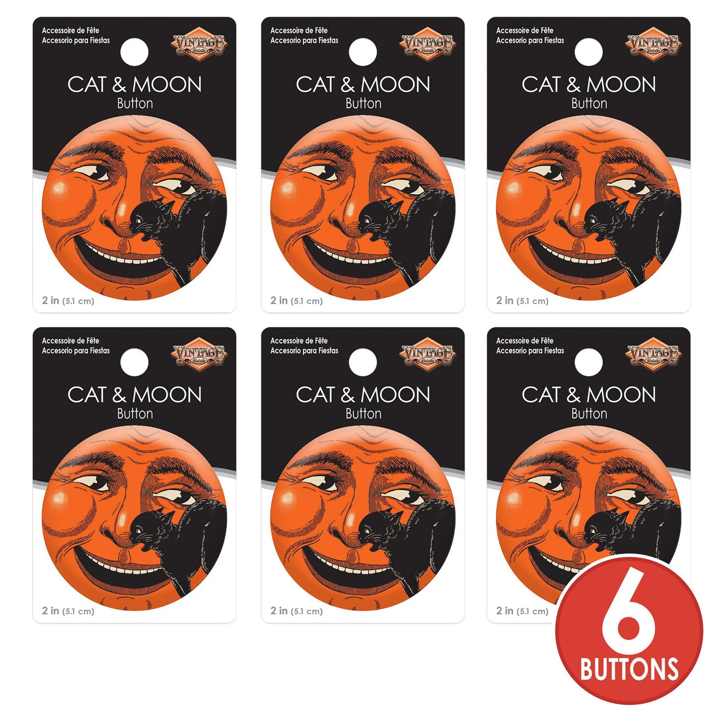 6 Pack Beistle Vintage Halloween Cat &#x26; Moon Button