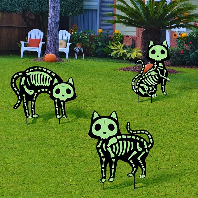 Outdoor Halloween Decorations Yard Signs - 5pcs Glow in The Dark Skeleton Black Cat Silhouette Lawn Signs with Stakes for Halloween Lawn Garden Front Yard Decorations Outside