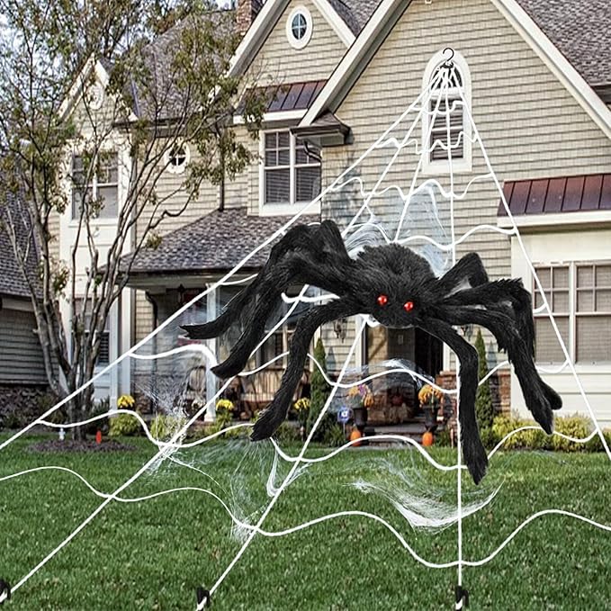 Halloween Decorations Outdoor 16 FT Giant Halloween Spider Web + 50" Large Spider, Triangular Huge Spider Web and Stretch Cobwebs Outdoor Halloween Decorations Yard Lawn Party Decor Props for Haunted