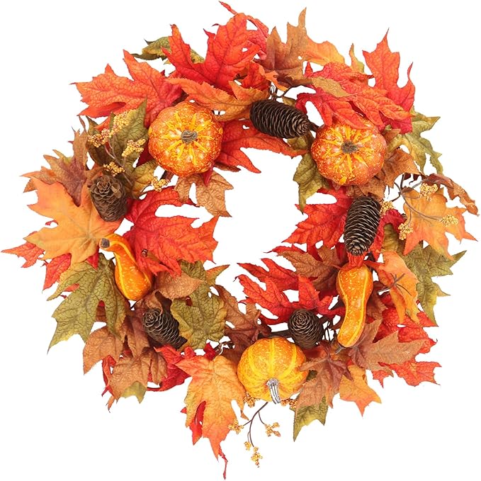 20 Inch Fall Wreath for Front Door, Fall Decor Autumn Maple Leaves Pumpkin Pine Cone Berries Wreath, Fall Decorations for Harvest Thanksgiving Halloween Farmhouse Home Outside Window Wall