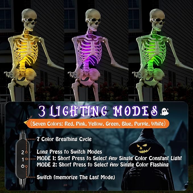Giant Skeleton LED Lighting, 3 Modes and 7 Colors Waterproof Outdoor Skeleton Light Kit for Halloween Skeleton Decor