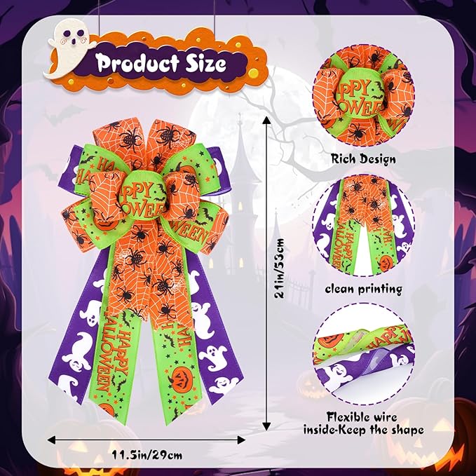 Halloween Wreath Bow, Halloween Decorations Orange Purple Bow Spider Web Burlap Tree Topper Bows for Wreaths, Fall Halloween Decorations for Outdoor, Indoor