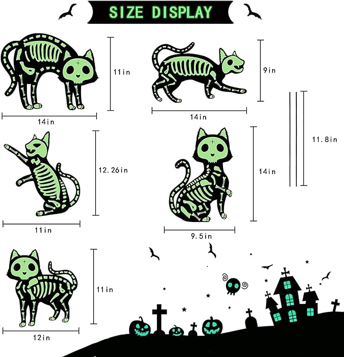 Outdoor Halloween Decorations Yard Signs - 5pcs Glow in The Dark Skeleton Black Cat Silhouette Lawn Signs with Stakes for Halloween Lawn Garden Front Yard Decorations Outside