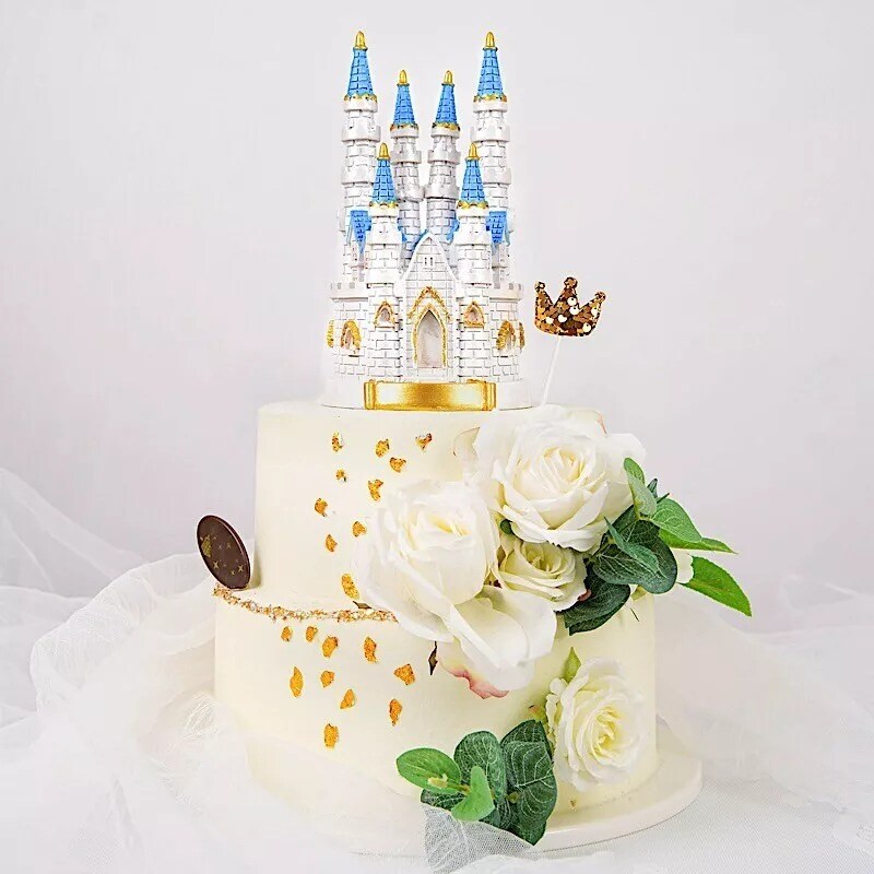 8.5&#x22; White Blue Princess Castle Cake Topper Figurine Birthday Party Decorations