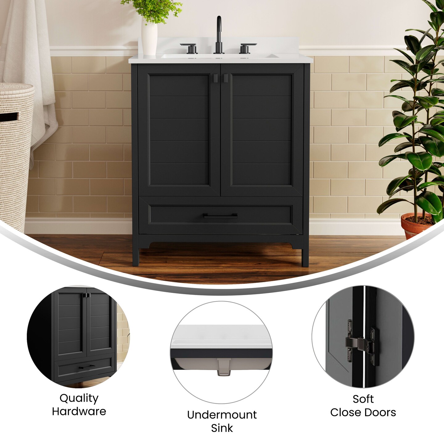 Merrick Lane Argos Single Sink Bathroom Vanity with Undermount Basin, Soft-Close Cabinet, Easy-Glide Drawer, and Carrara Marble Finish Countertop