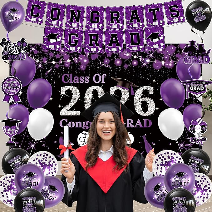 Black Purple Graduation Party Decorations, Purple Class of 2026 Graduation Banner, 2026 Congrats Grad Honeycomb Hanging Swirl Confetti Balloon Congratulations Graduates Party Supplies(25PC)