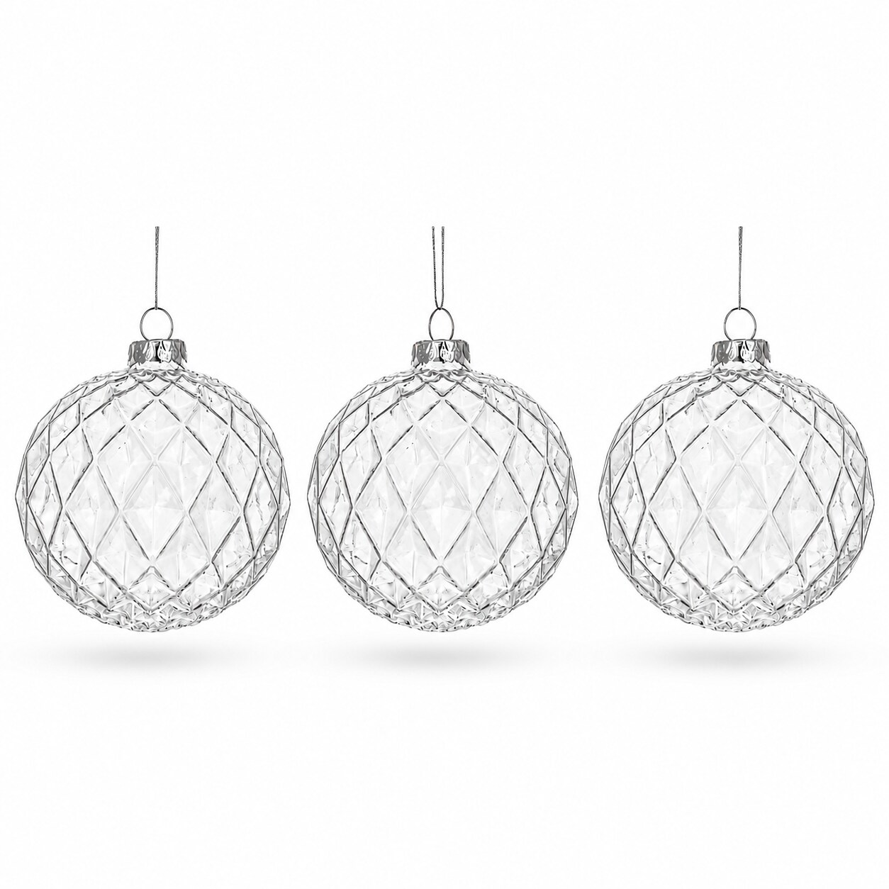 Set of 3 Elegant Clear Ribbed Sphere Glass Christmas Ornament 3.5 Inches