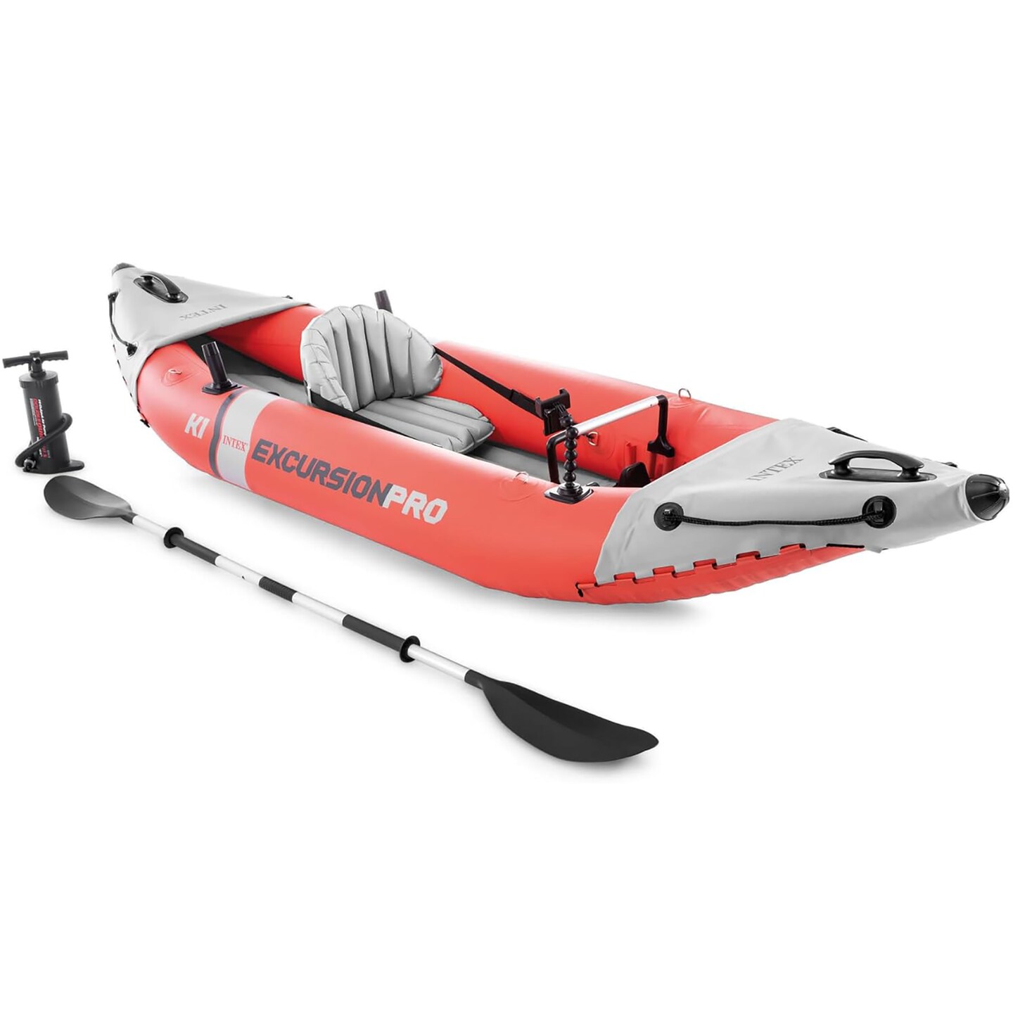 Intex: Excursion Pro K1 - 10' Inflatable Kayak Set - Orange & Gray, Aluminum Paddle Oars, Pump, Fishing Rod Holders, Adjustable Bucket Seat, 220lb Cap