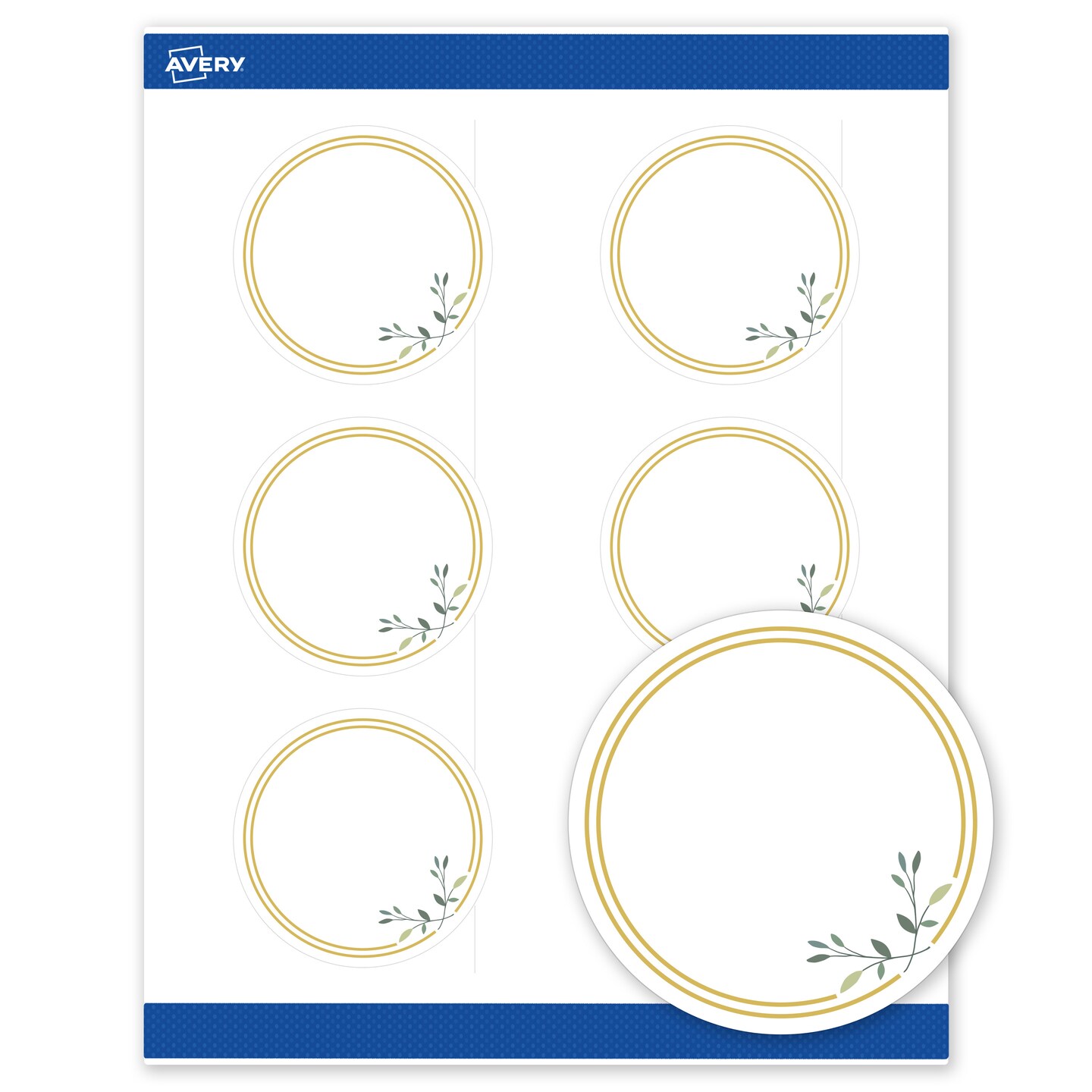 Avery Printable Round Labels, Gold Double Border with Florals, 3" Diameter, Matte White Round Labels, Permanent, Laser/Inkjet, 60ct, Great for Product Labels