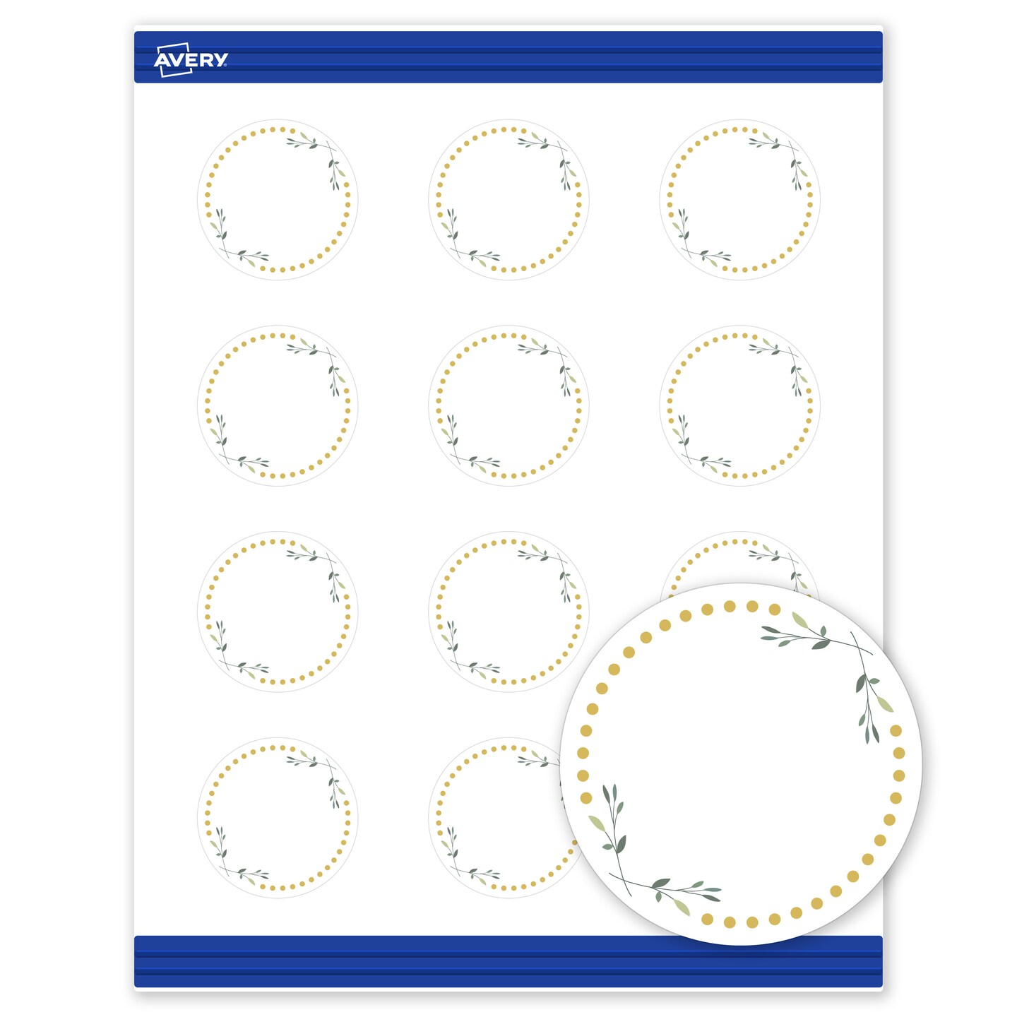 Avery Printable Round Cards, Sure Feed Technology, 2" Diameter, Matte White with Green Florals Gold Dots Design, Laser & Inkjet Compatible, 120 Total, Great for Branding, Weddings, and More
