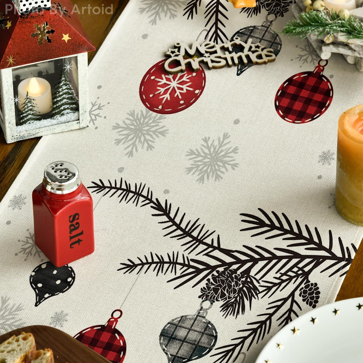 Red Pine Trees Merry Christmas Table Runner, Winter Xmas Holiday Kitchen Dining Table Decoration for Home Party Decor 13x72 Inch