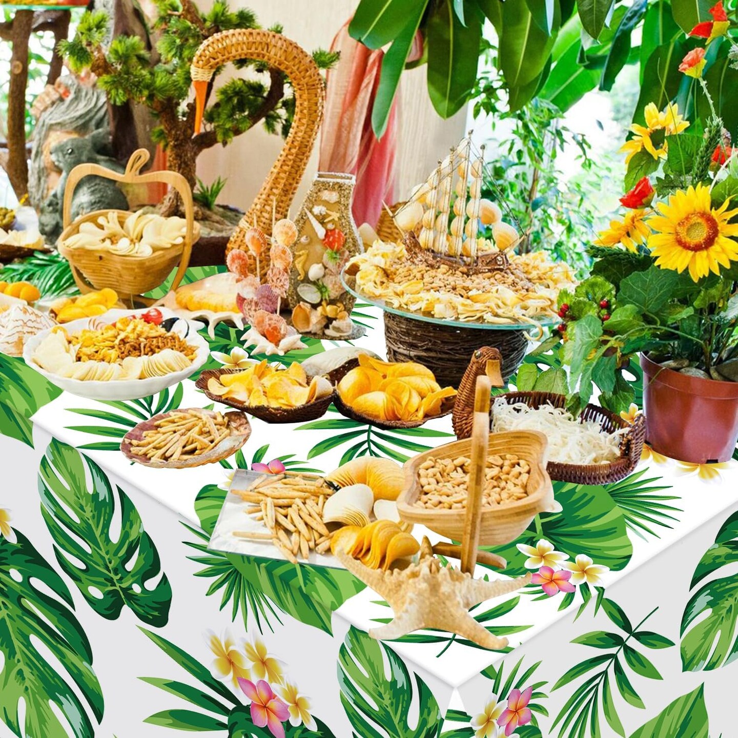 6 Pack Hawaiian Luau Tablecloths Tropical Palm Leaves Table Cloth Hawaiian Luau Table Cover Palm Leaves Table Cloth Baby Birthday Birthday Party Summer Pool Tropical Party Decorations 86 x 51 in