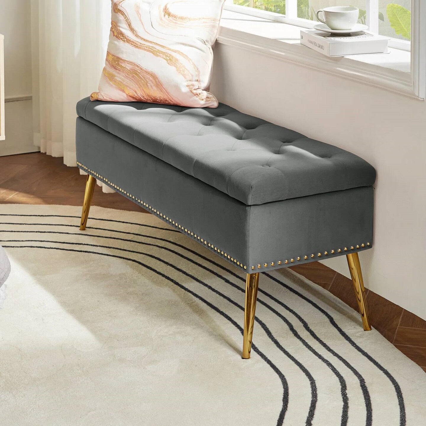 Upholstered Velvet Storage Bench with Tufted Seat and Gold Metal Legs