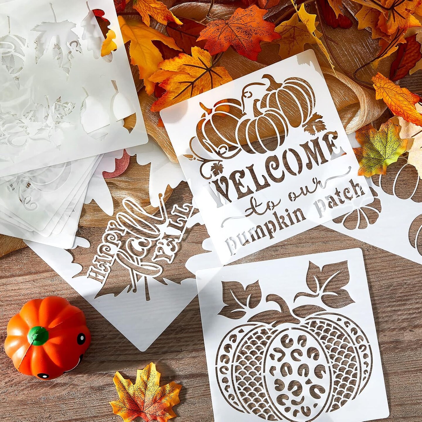 16 Pcs Fall Pumpkin Templates - Reusable Maple Leaf Stencils for Wood