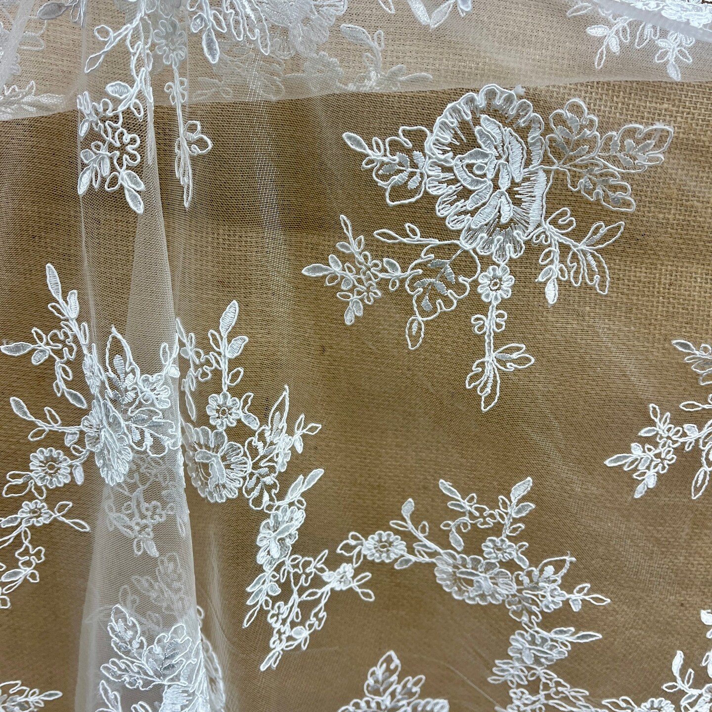 1 Yard Corded Bridal Lace Fabric Embroidered on Polyester Net Mesh for Dresses 49" Width